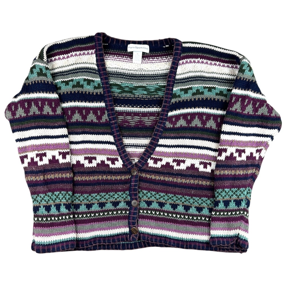 Vintage Geometric Stripe Knit Cardigan Sweater Women's M Grandpa Cottagecore